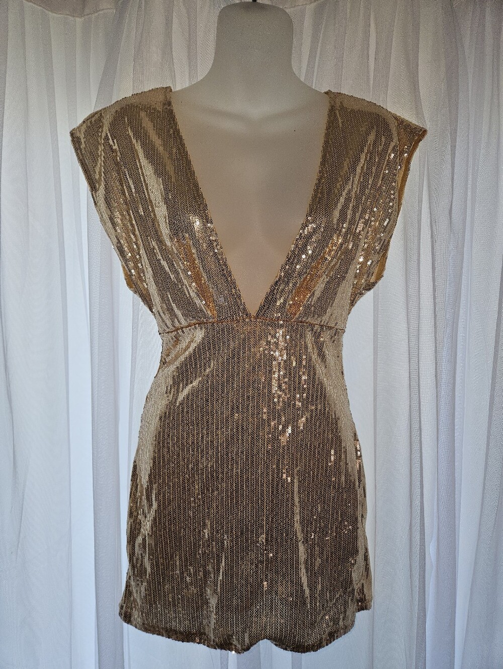 Gold Sequin Deep Plunge Micro Mini Dress - Picture 2 of 11